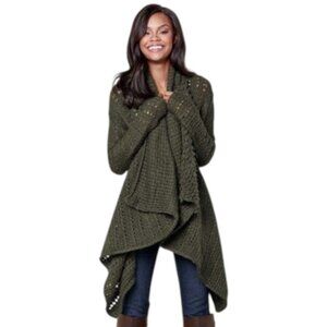 Venus Olive Green Waterfall Knit Cardigan Draped Longline Sweater Open Front M